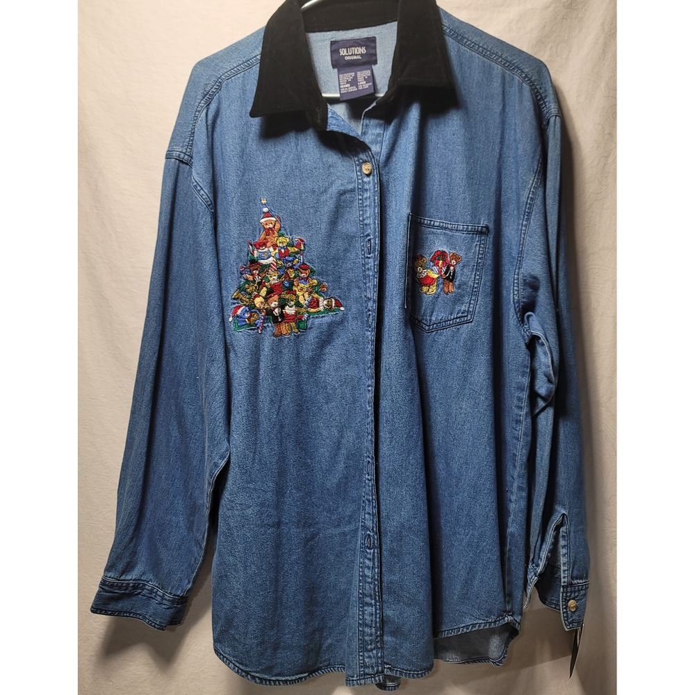 Solutions Original Denim Shirt Womens Large Christmas Teddy Bear Tree Embroidery